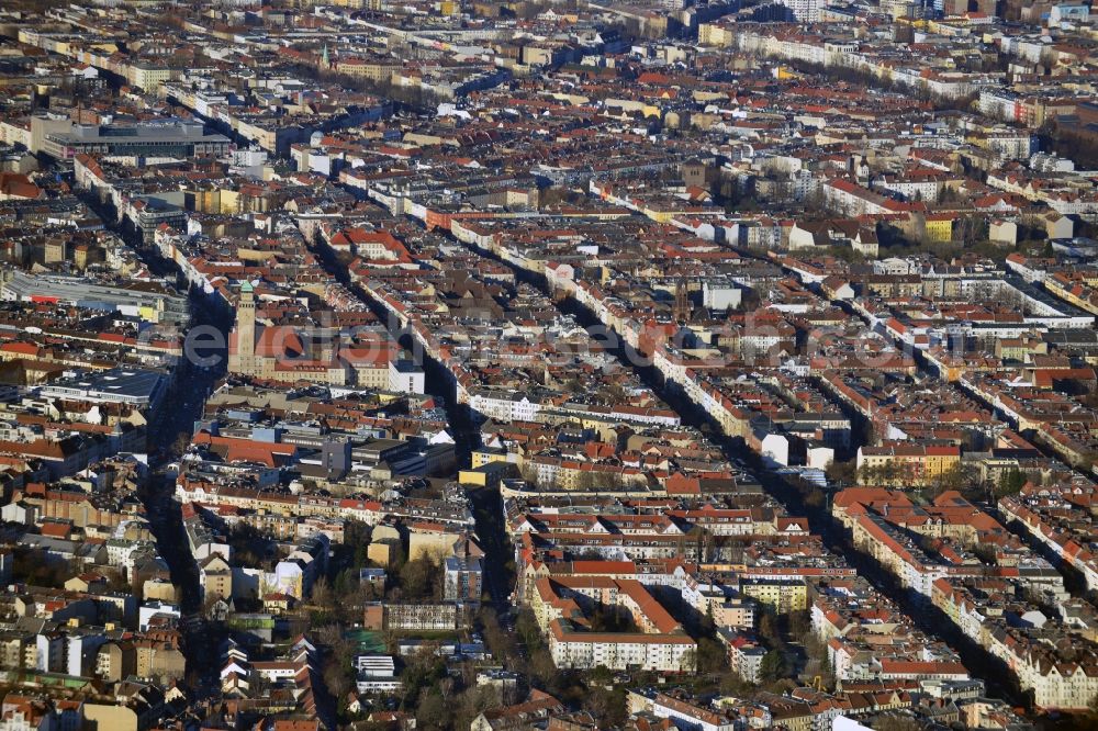 Berlin from the bird's eye view: Cityscape overlooking the district of Neukoelln along Sonnenallee and Karl Marx Strasse in Berlin