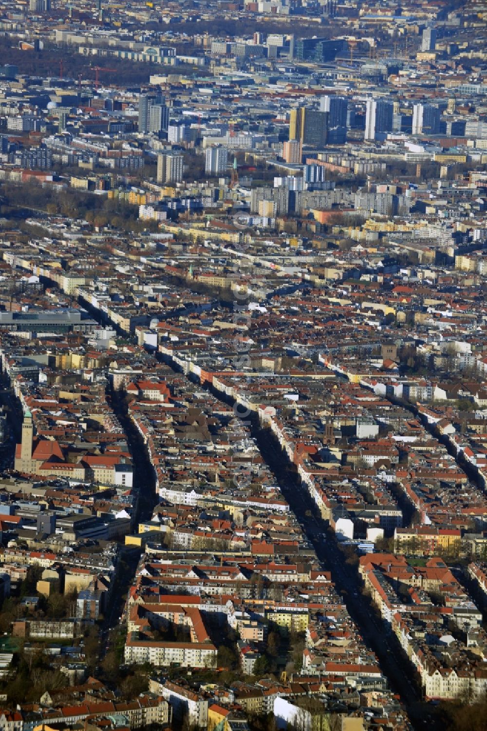 Aerial photograph Berlin - Cityscape overlooking the district of Neukoelln along Sonnenallee and Karl Marx Strasse in Berlin