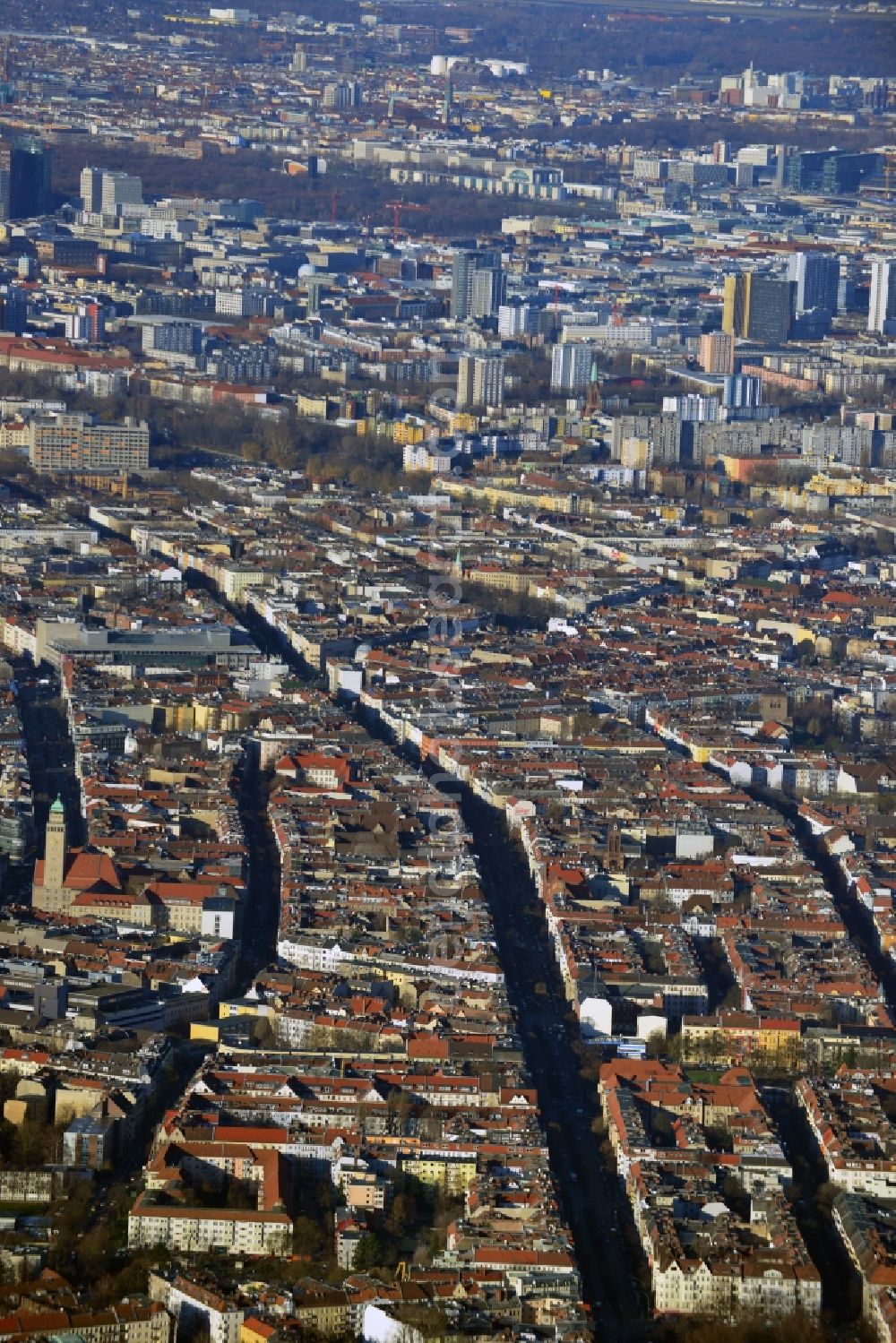 Berlin from above - Cityscape overlooking the district of Neukoelln along Sonnenallee and Karl Marx Strasse in Berlin