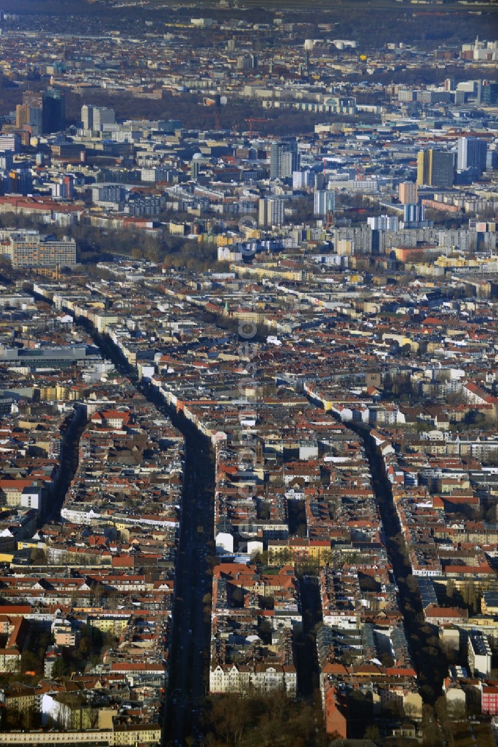 Berlin from the bird's eye view: Cityscape overlooking the district of Neukoelln along Sonnenallee and Karl Marx Strasse in Berlin