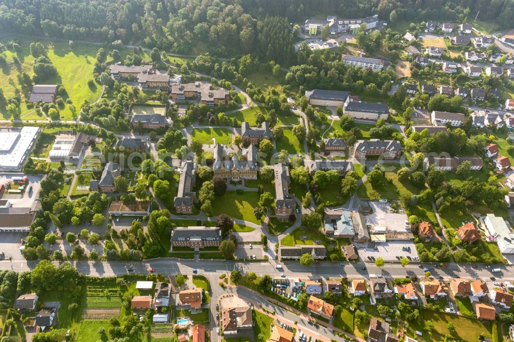 Aerial image Marsberg - City view overlooking the grounds of St. Johannes Stift in Marsberg in North Rhine-Westphalia. The area belongs to the LWL clinic Marsberg