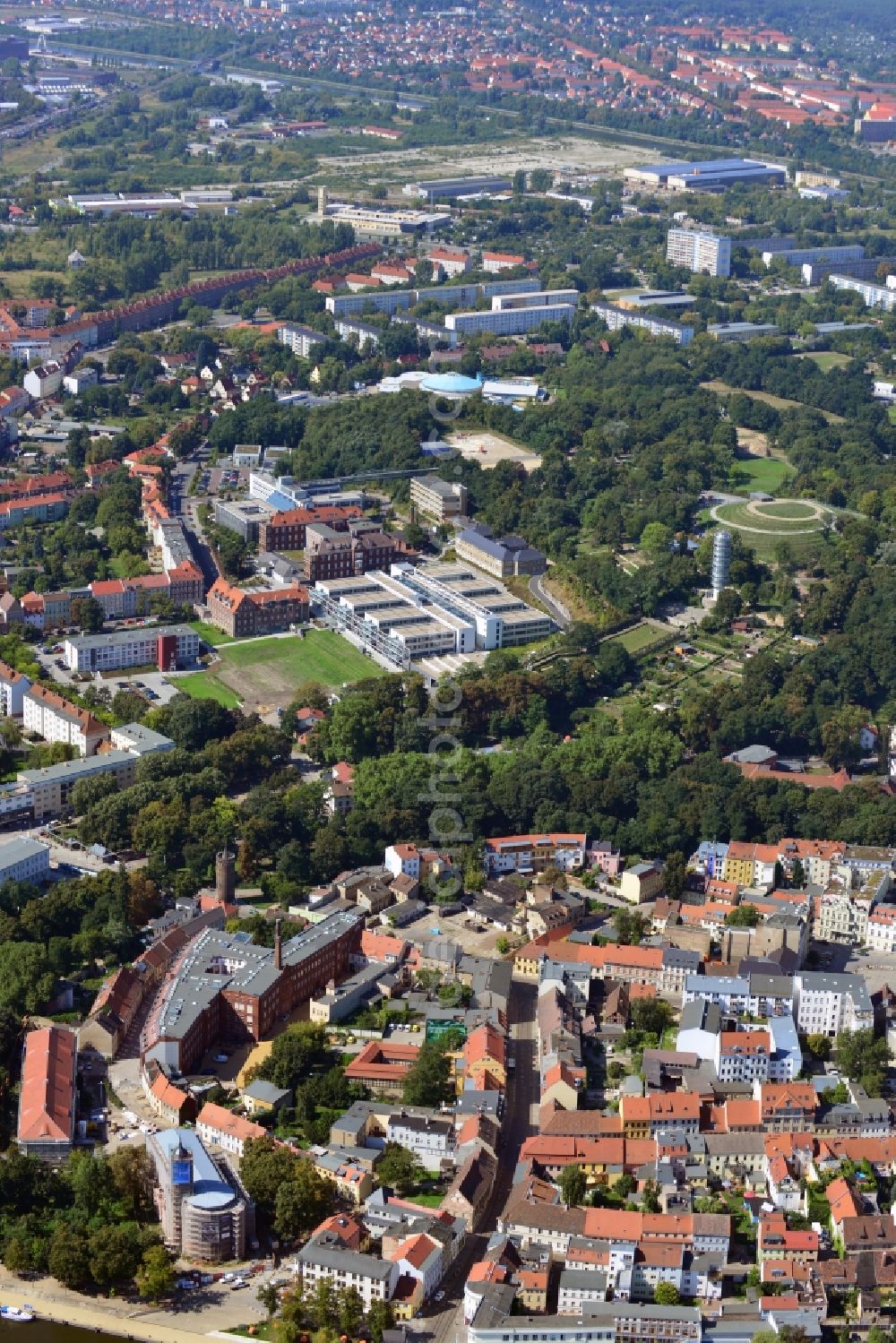 Aerial image Brandenburg an der Havel - cityscape with a view of the health department, the area around the Humboldthain and the Marienberg in Brandenburg an der Havel in Brandenburg