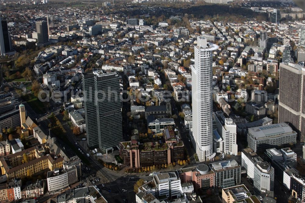 Aerial photograph Frankfurt am Main - Cityscape of the skyscraper skyline in the banking and insurance district of the Frankfurt on the Main city center in the state Hesse. Visible are among others the Cityhaus ( also named Selmi Highrise ), the Westend Tower and part of the Frankfurt Office Center