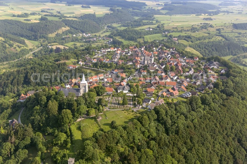 Marsberg from the bird's eye view: City view overlooking the church Nikolai and church St. Petrus and Paulus in Marsberg in the state of North Rhine-Westphalia