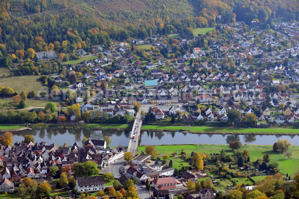 Bodenwerder from above - Cityscape of Bodenwerder in the state Lower Saxony. This city is watered by the Weser river