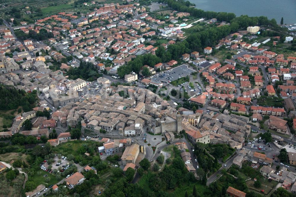 Bolsena from above - Cityscape of Bolsena on the northern edge of Lake Bolsena in Lazio in Italy. About today's town is enthroned a medieval castle, the Rocca Monaldeschi della Cervara