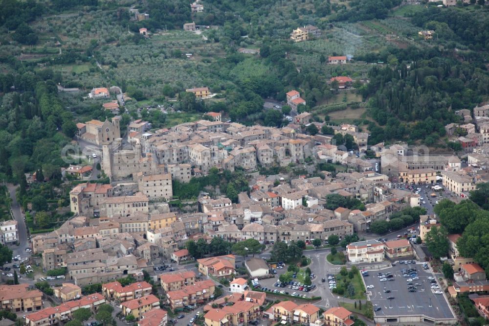 Bolsena from the bird's eye view: Cityscape of Bolsena on the northern edge of Lake Bolsena in Lazio in Italy. About today's town is enthroned a medieval castle, the Rocca Monaldeschi della Cervara