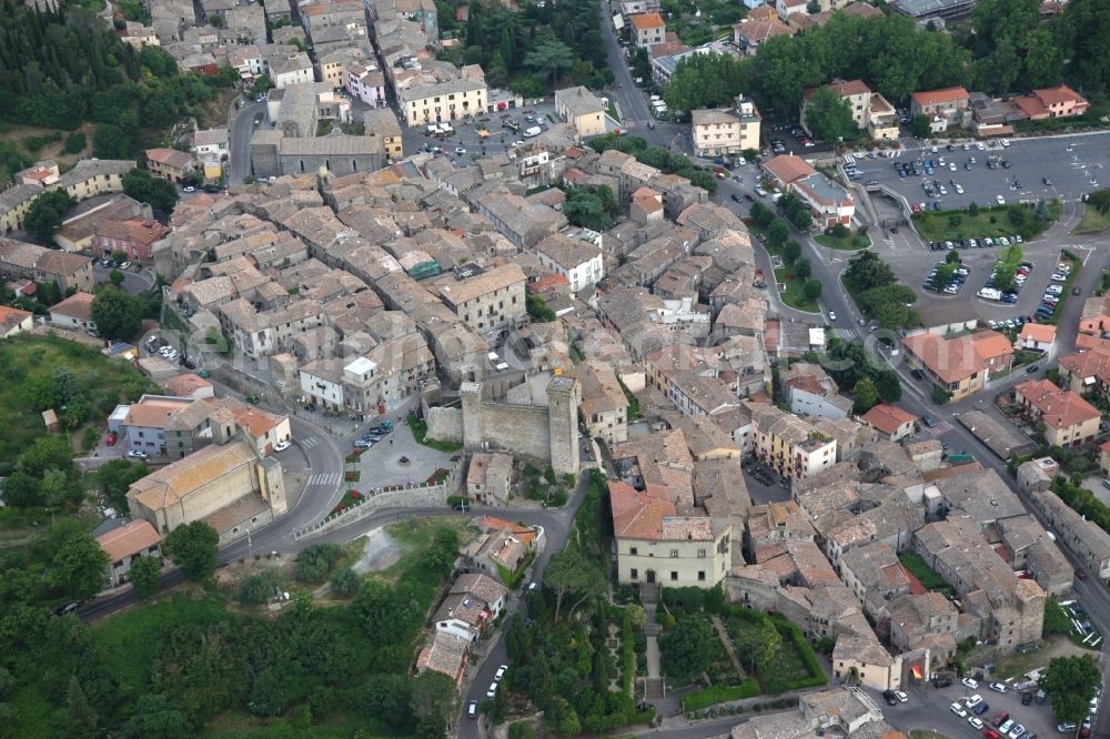 Aerial image Bolsena - Cityscape of Bolsena on the northern edge of Lake Bolsena in Lazio in Italy. About today's town is enthroned a medieval castle, the Rocca Monaldeschi della Cervara