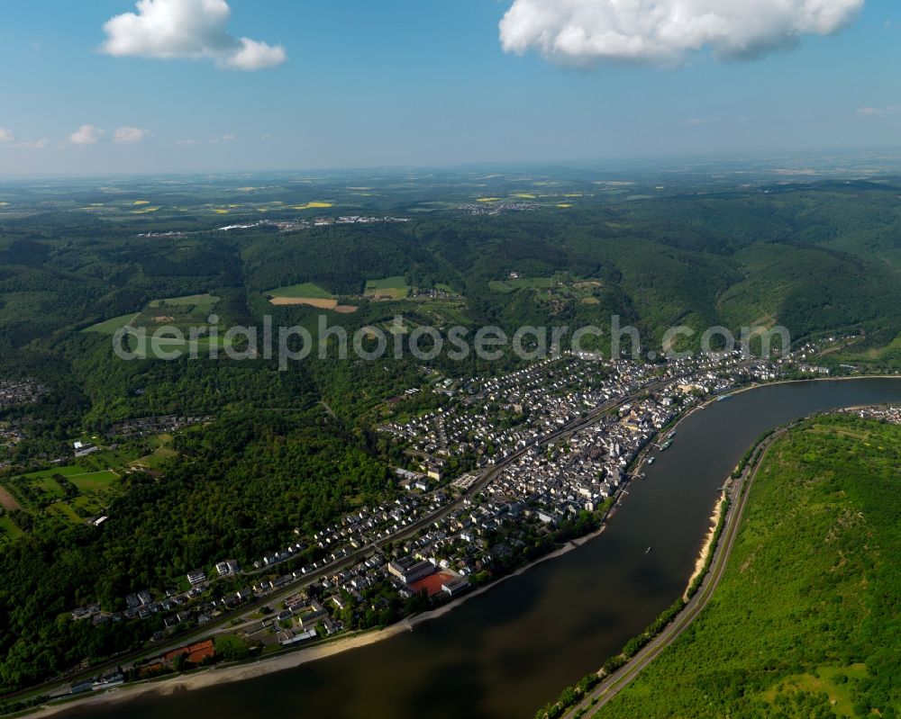 Boppard from above - View of Boppard in the state Rhineland-Palatinate. The town is located in the county district of Rhine-Hunsrueck on the steep left riverbank of the river Rhine. The official tourist resort sits in the UNESCO world heritage site of Upper Middle Rhine Valley and is characterised by vineyards and wine-growing estates