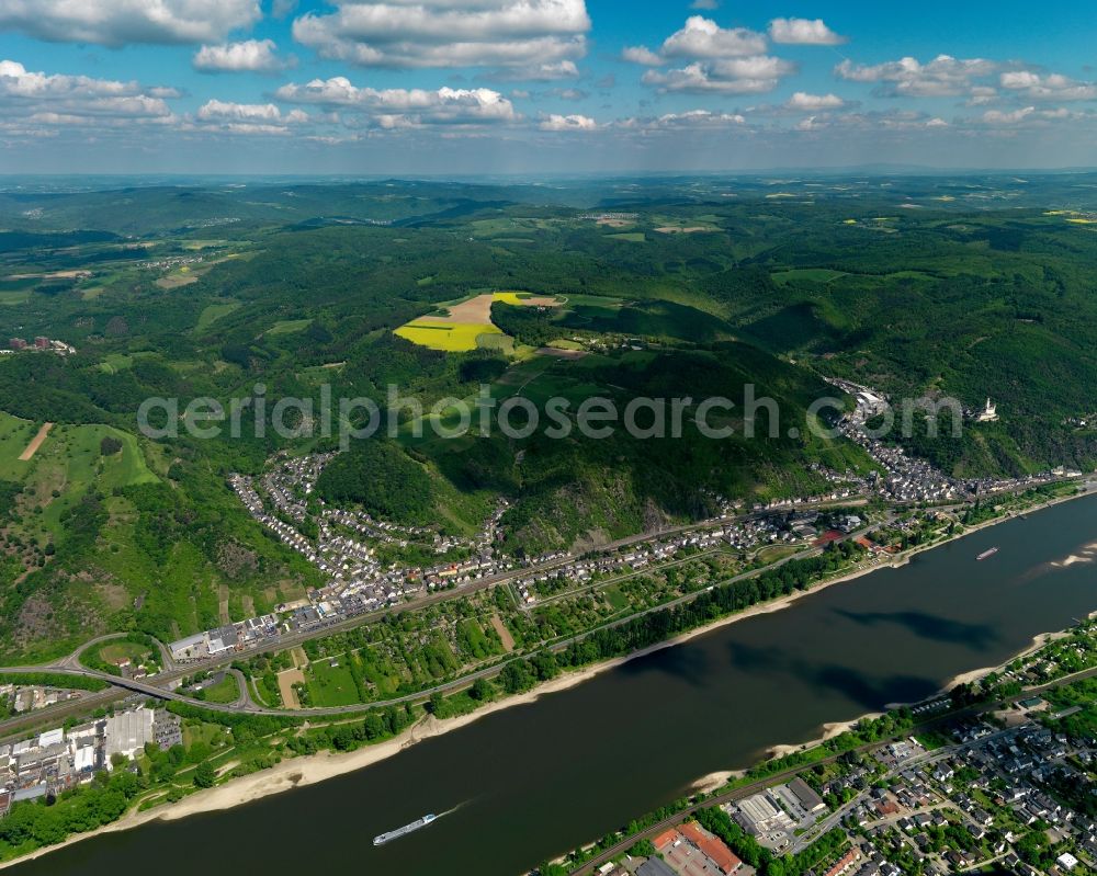 Aerial image Braubach - View of Braubach in the state Rhineland-Palatinate. The town is located in the county district of Rhine-Lahn, on the right riverbank of the Rhine. The official tourist resort sits in the UNESCO world heritage site of Upper Middle Rhine Valley