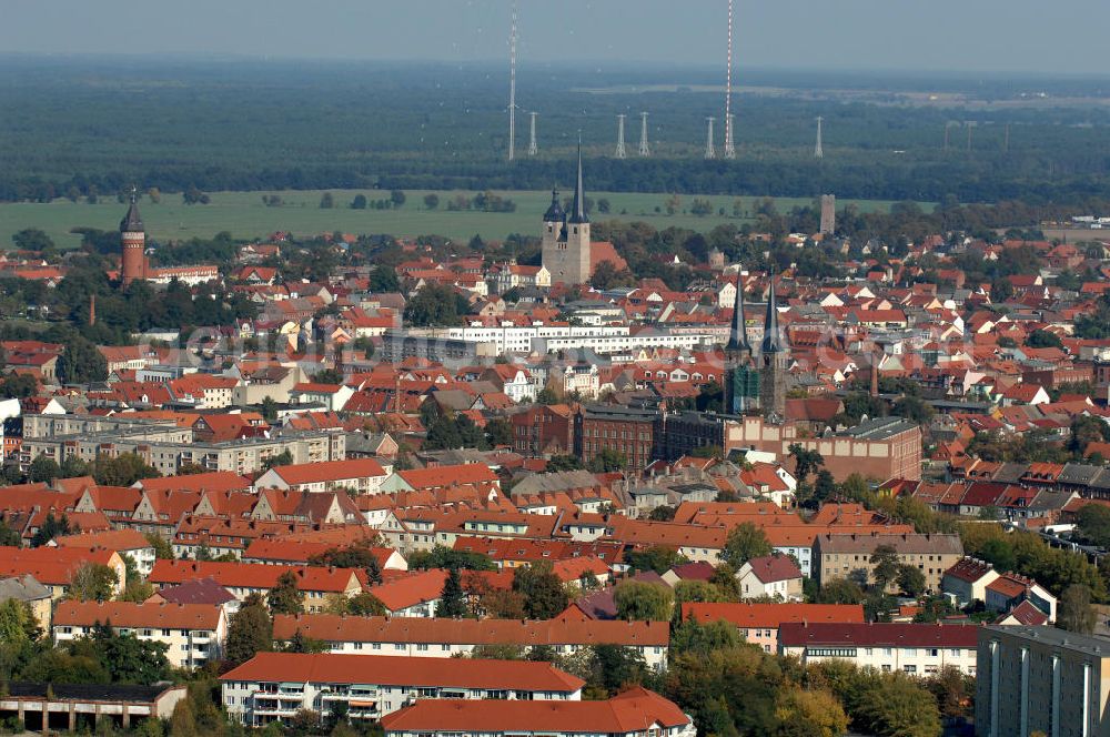 Burg bei Magdeburg from the bird's eye view: Blick auf die Stadt Burg, auch genannt die Stadt der Türme. Hier zu sehen die Türme der Unterkirche St. Nicolai, der Oberkirche Unser Lieben Frauen, sowie der Wasserturm aus dem Jahr 1902. Durch die Stadt führt die Strasse der Romanik.