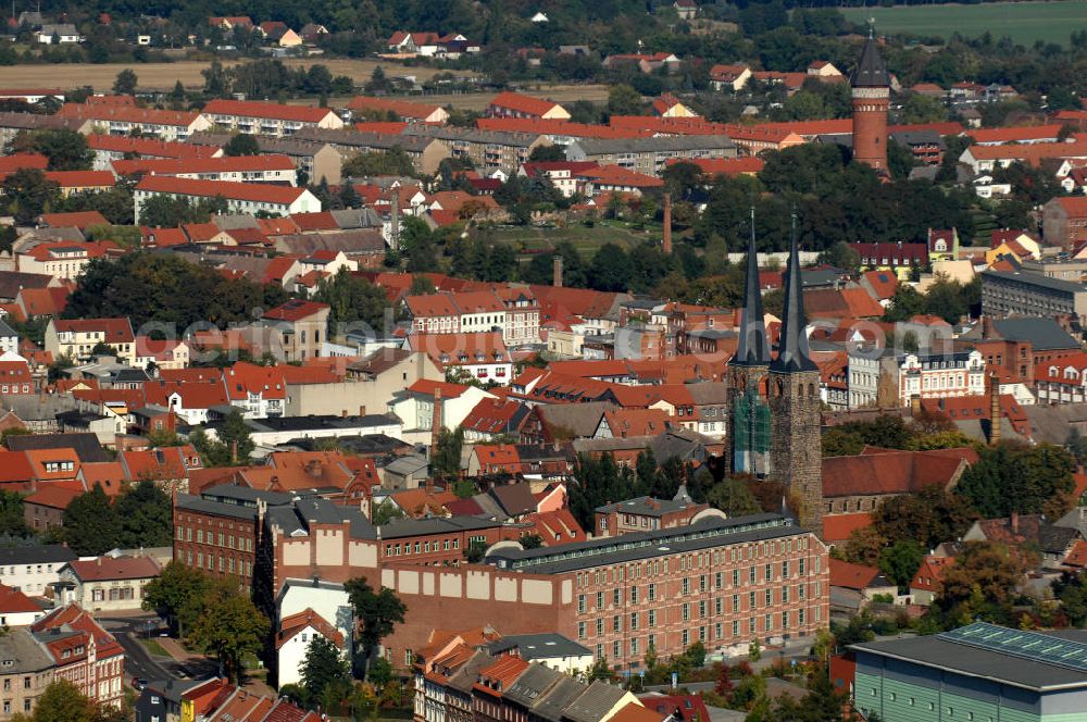 Aerial photograph Burg bei Magdeburg - Blick auf die Stadt Burg, auch genannt die Stadt der Türme. Hier zu sehen die Türme der Unterkirche St. Nicolai, sowie der Wasserturm aus dem Jahr 1902. Durch die Stadt führt die Strasse der Romanik.