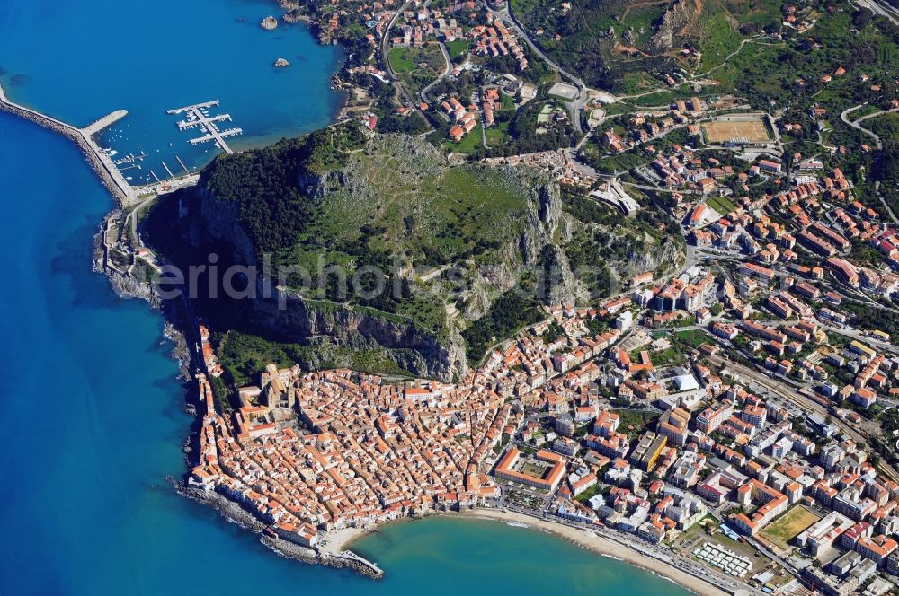 Cefalu from above - City view of Cefalu northern coast of Sicily, at the foot of Mount Rocca Cefalu in Sicily, Italy