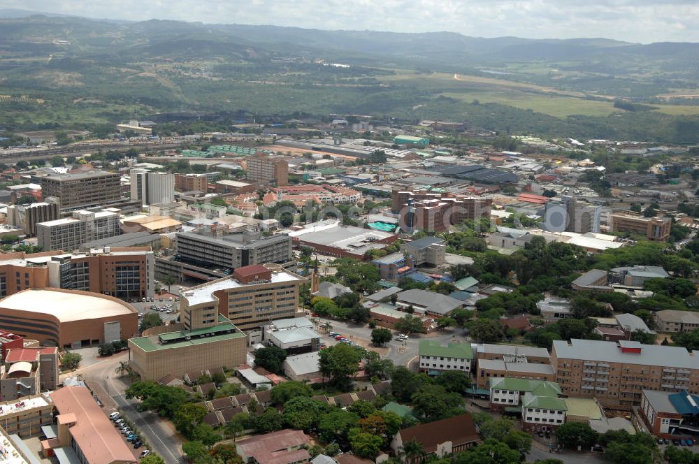 Nelspruit from the bird's eye view: Stadtansicht von Nelspruit in der Provinz Mpumalanga von Südafrika, einem Austragungsort der Fußball- Weltmeisterschaft 2010. Cityscape from Nelsspruit in South Africa a venue of the 2010 FIFA World Cup.