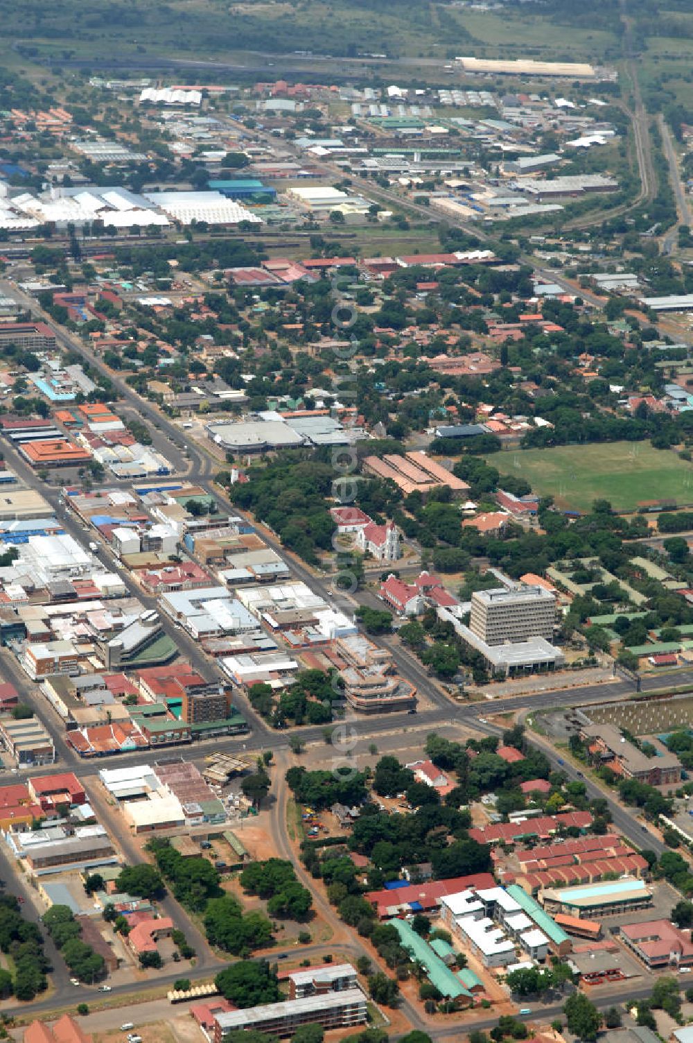 Aerial photograph 14.02.2010 - Stadtansicht von Rustenburg, in der Nordwest Provinz von Südafrika, einem Austragungsort der Fußball- Weltmeisterschaft 2010. Cityscape from Rustenburg in the North West Province of South Africa, a venue of the 2010 FIFA World Cup.