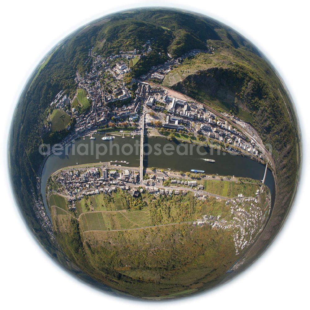 Cochem from above - Fisheye motive of Cochem on the Mosel with the Skagerrak-Bridge in Rhineland-Palatinate. With around 5000 inhabitants Cochem is the second smallest county town in Germany