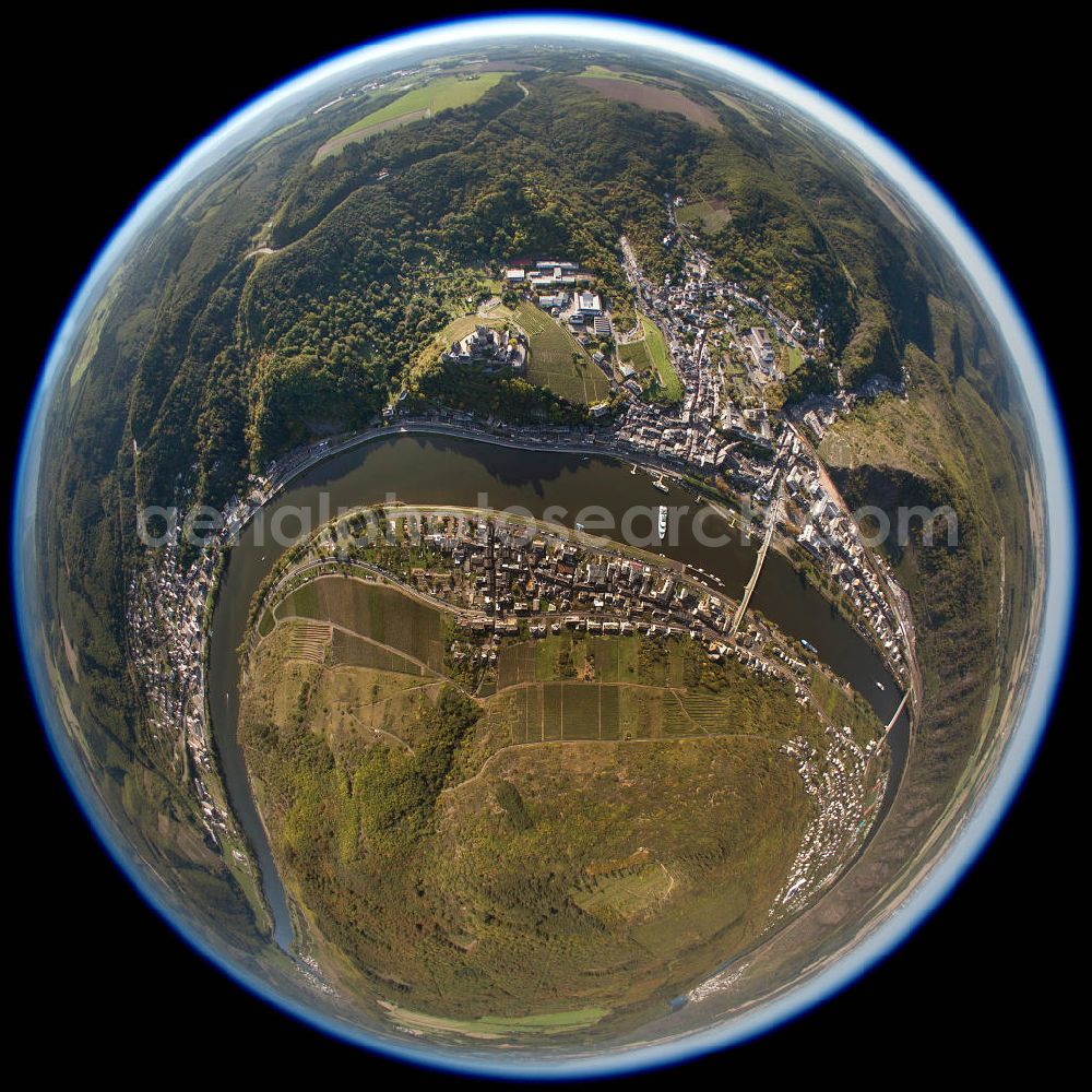 Aerial image Cochem - Fisheye motive of Cochem on the Mosel with the Skagerrak-Bridge in Rhineland-Palatinate. With around 5000 inhabitants Cochem is the second smallest county town in Germany