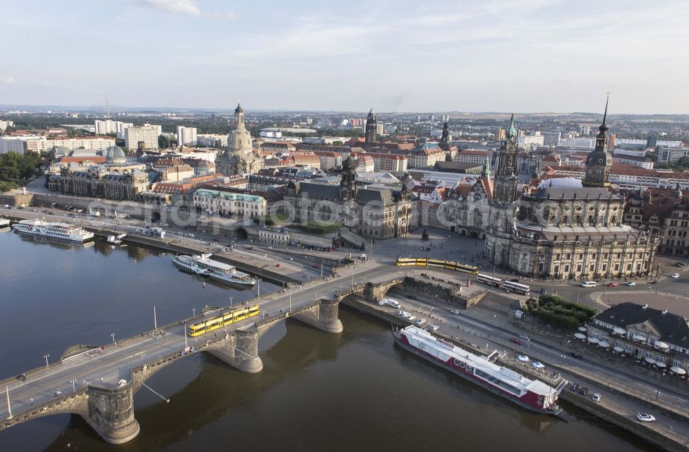 Aerial image Dresden - Cityscape with Augustus Bridge, river Elbe, Hofkirche and Frauenkirche in Dresden in Saxony