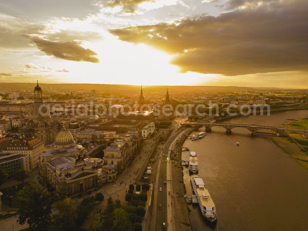 Dresden from above - City view on the river bank of the River Elbe on street Terrassenufer in Dresden in the state Saxony, Germany