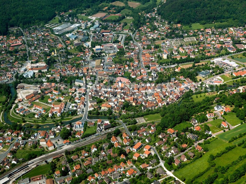 Aerial image Ebermannstadt - Cityscape of Ebermannstadt in the state of Bavaria. The town is located in the Upper Franconia region in the district of Forchheim. The town centre is circumvented by the river Wiesent and crossed by the federal highway 470