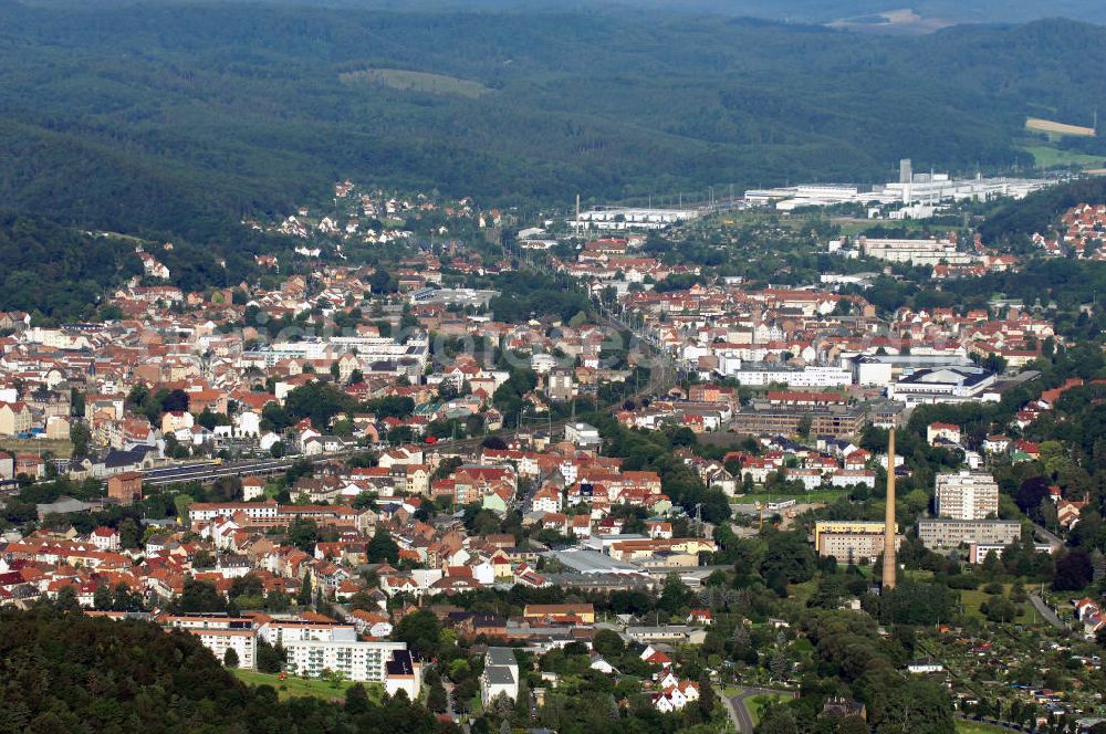 Aerial image Eisenach - Blick auf die Stadt Eisenach mit der Rennbahn / Rennsteig, welche die Stadt in Nord und Süd teilt. Eisenach liegt an der Hörsel am Nordrand des Thüringer Waldes.