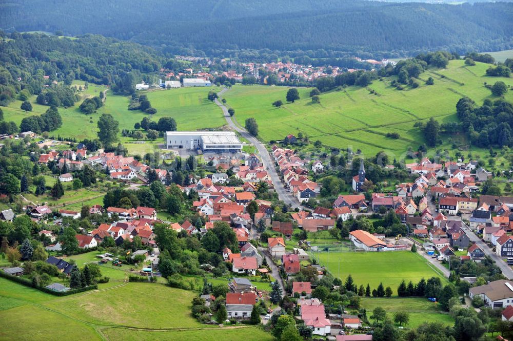 Aerial image Emsetal OT Schmerbach - Cityscape of Schmerbach with the church at the street Waltershauser Strasse in the Thuringian Forest in Thuringia