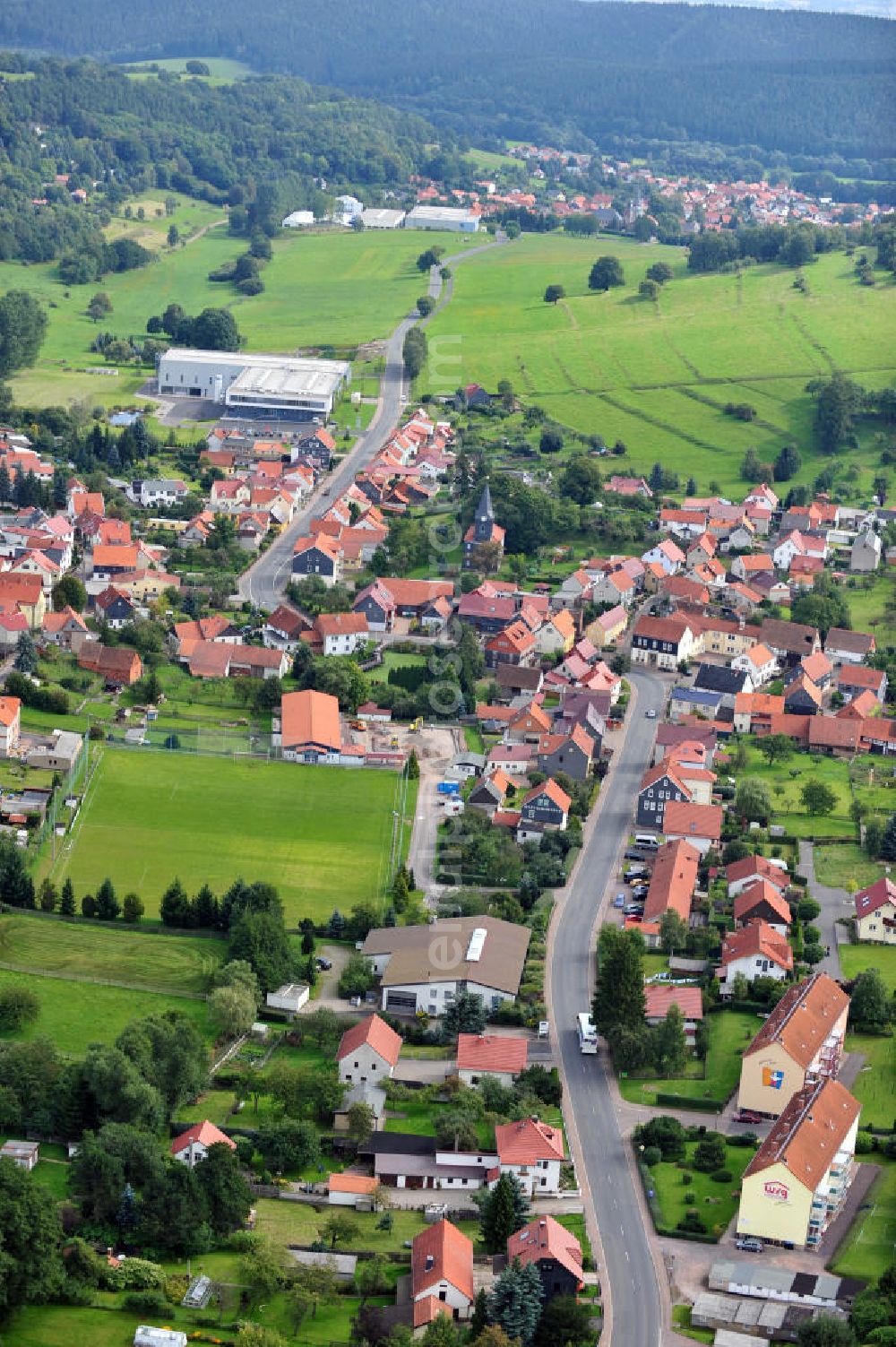 Emsetal OT Schmerbach from above - Cityscape of Schmerbach with the church at the street Waltershauser Strasse in the Thuringian Forest in Thuringia