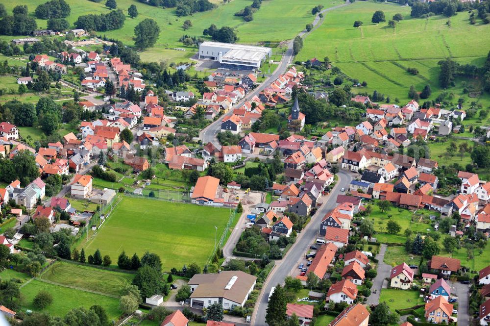 Emsetal OT Schmerbach from the bird's eye view: Cityscape of Schmerbach with the church at the street Waltershauser Strasse in the Thuringian Forest in Thuringia