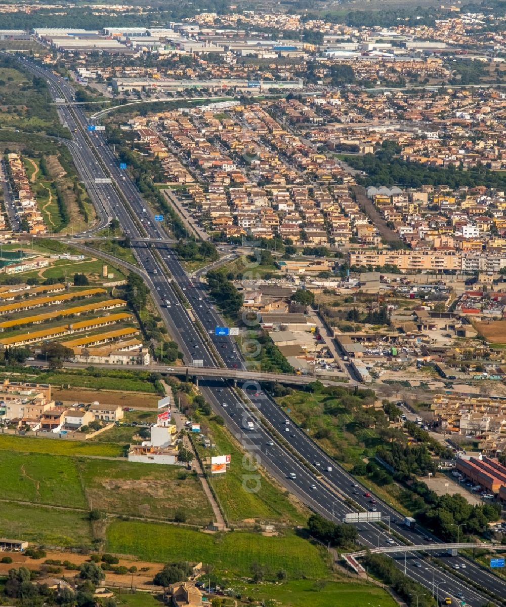 Aerial photograph Palma - City view of the western inner city area on the course of the Autopista MA-13 in Palma in Balearic Island Mallorca, Spain