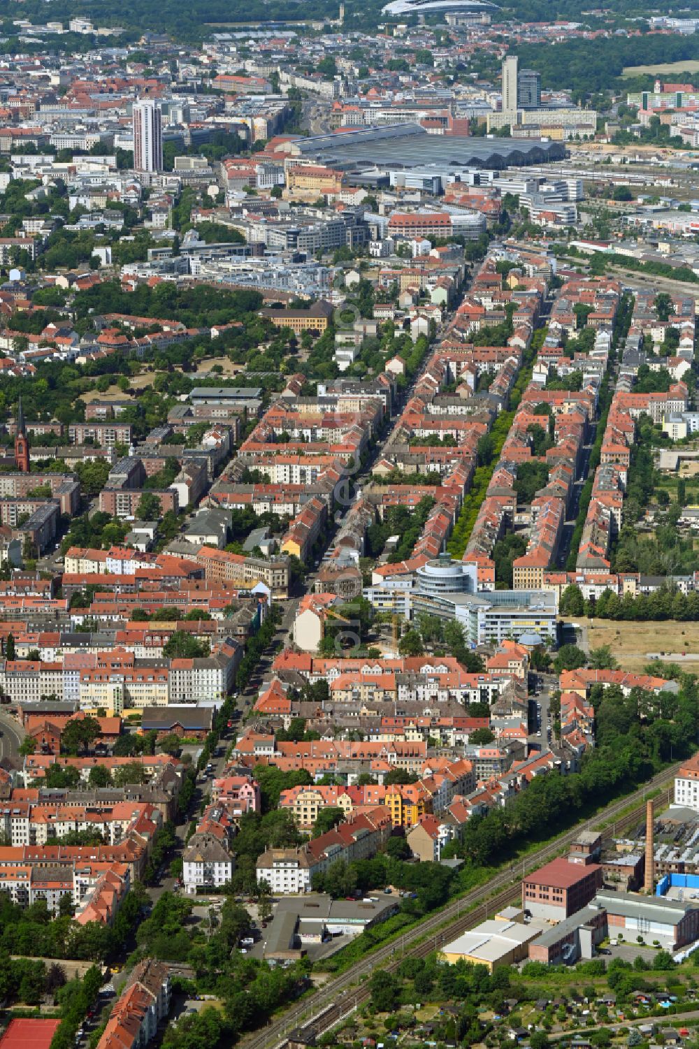 Leipzig from above - City view along Eisenbahnstrasse in the district of Volkmarsdorf in Leipzig in the state Saxony, Germany