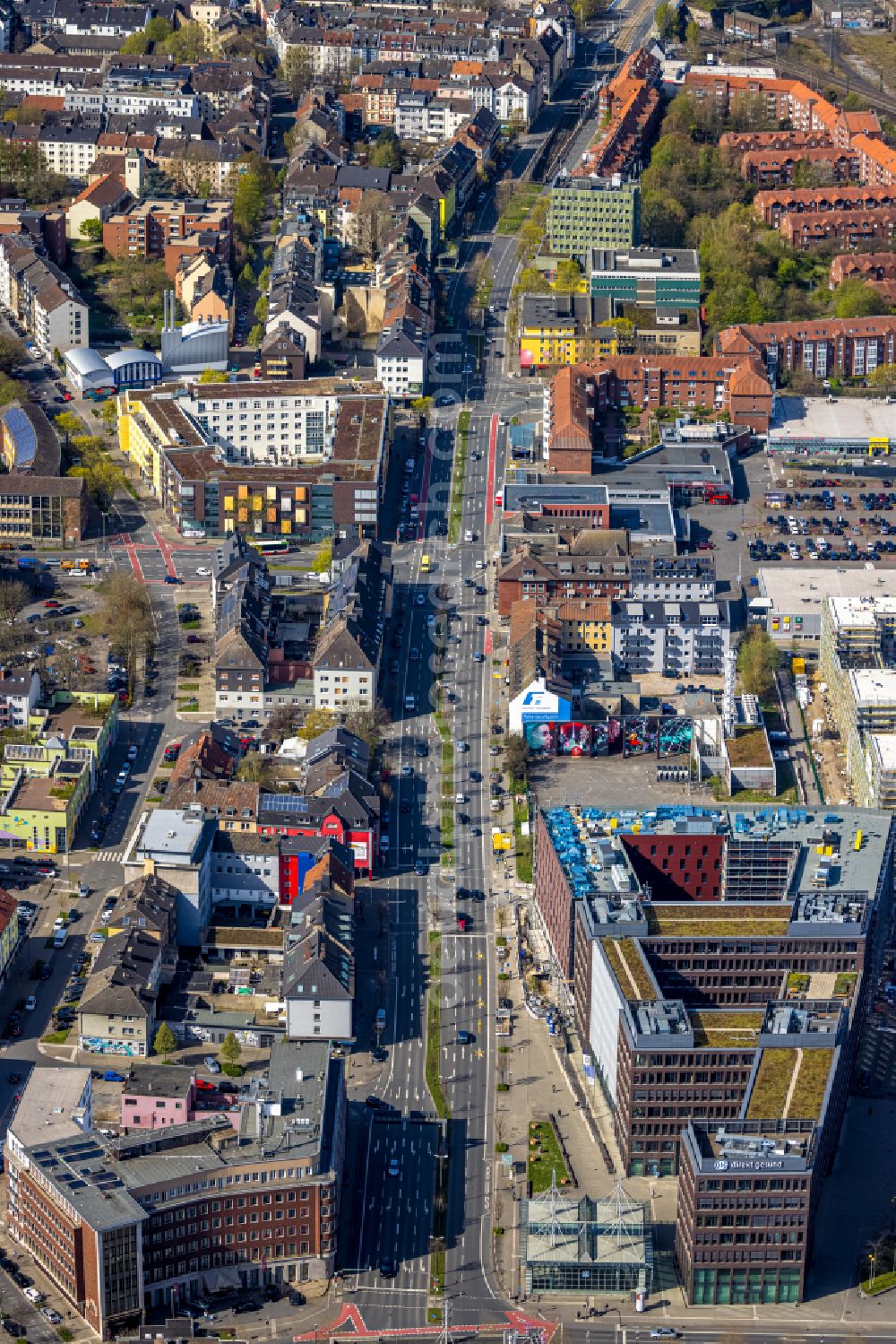 Aerial image Dortmund - City view in the urban area along the Rheinische Strasse in the district Westpark in Dortmund in the Ruhr area in the state North Rhine-Westphalia, Germany