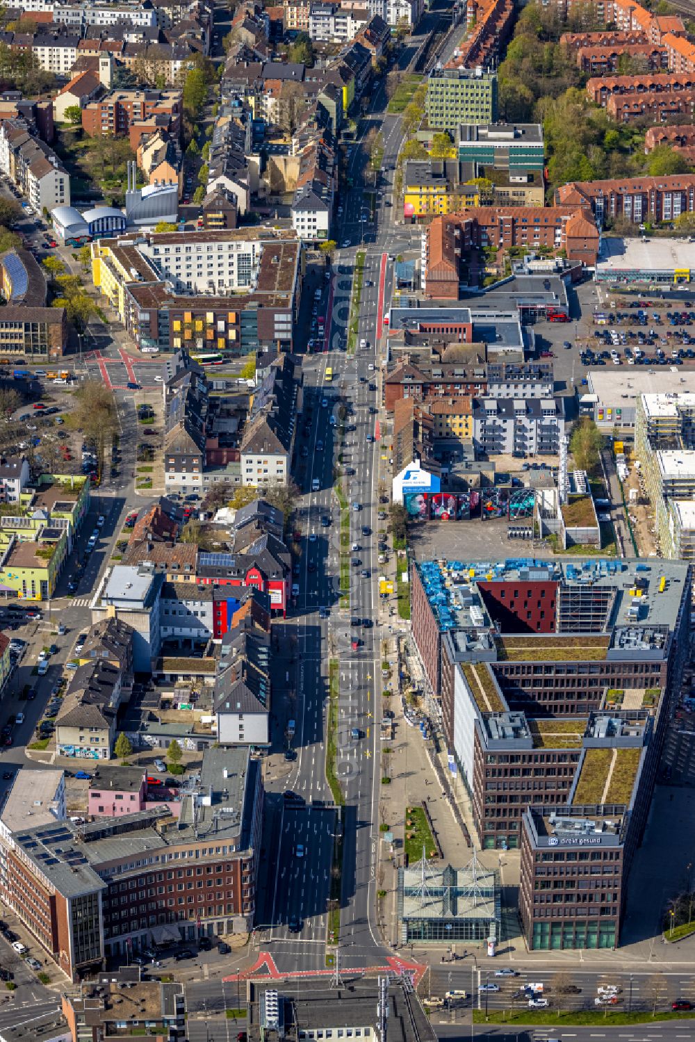 Aerial photograph Dortmund - City view in the urban area along the Rheinische Strasse in the district Westpark in Dortmund in the Ruhr area in the state North Rhine-Westphalia, Germany