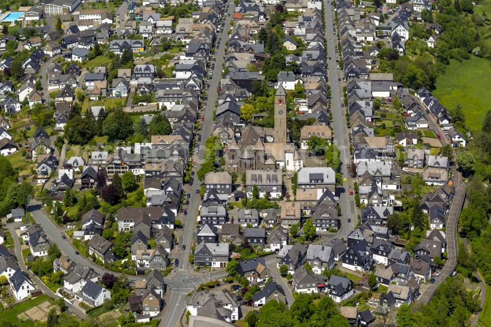 Schmallenberg from above - Cityscape along West Street and East Street with St. Alexan der's Church in Schmallenberg in the Sauerland district in North Rhine-Westphalia