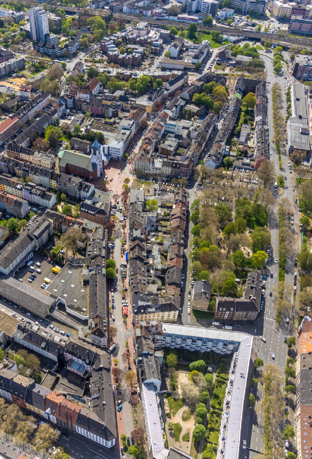 Dortmund from the bird's eye view: City view along the Zimmerstrasse - Muensterstrasse in the district Nordmarkt-Sued in Dortmund at Ruhrgebiet in the state North Rhine-Westphalia, Germany