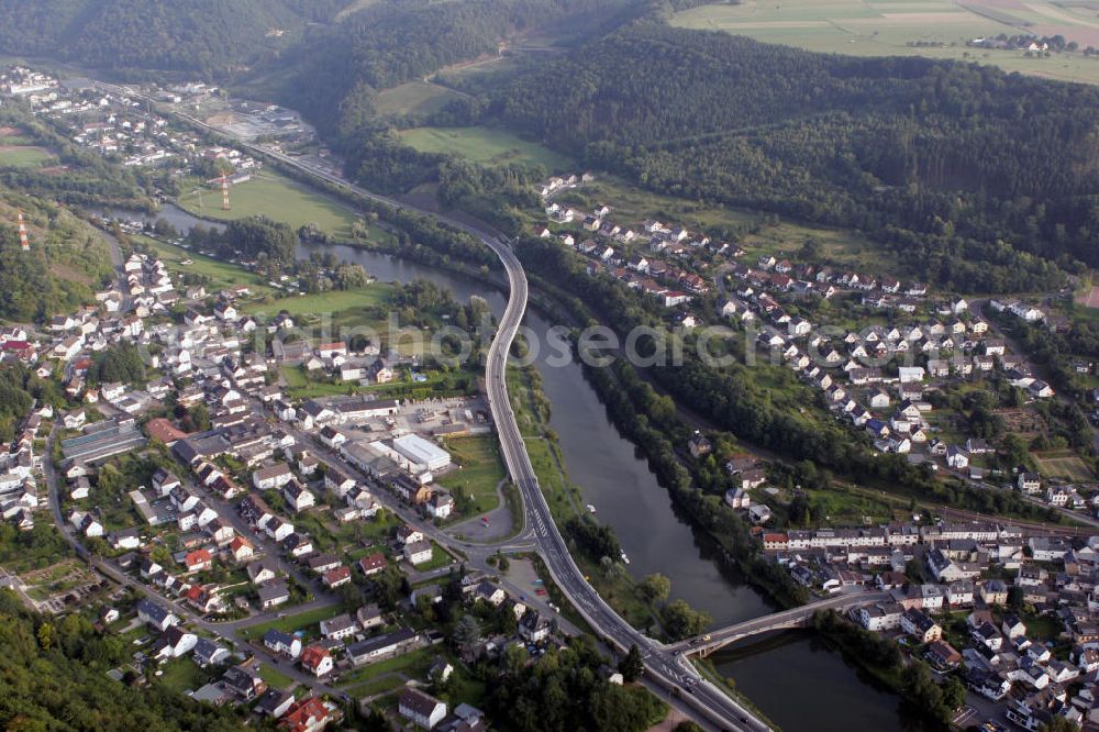 Fachbach from above - Die Ortschaft Fachbach ist eine Gemeinde im Rhein-Lahn-Kreis in Rheinland-Pfalz und gehört der Verbandsgemeinde Bad Ems an. View to the village Fachbach in the Rhine-Lahn-Circle in Rhineland-Palatinate, wich is part of the association of municipalities Bad Ems.