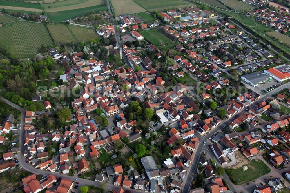 Flomborn from above - City view of Flomborn, a part of the municipality Alzey-Worms in the Rhine-Hessian hills in the state of Rhineland-Palatinate. The village belongs to the locality of Alzey-Land Rhineland-Palatinate