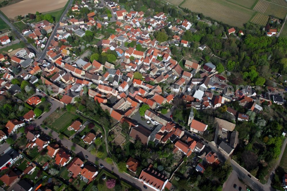 Flomborn from above - City view of Flomborn, a part of the municipality Alzey-Worms in the Rhine-Hessian hills in the state of Rhineland-Palatinate. The village belongs to the locality of Alzey-Land Rhineland-Palatinate