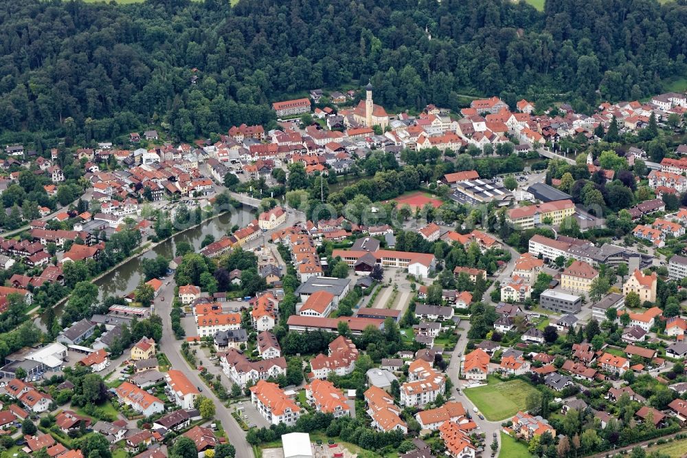 Wolfratshausen from above - City view of Wolfratshausen with Isar bridges in the state Bavaria, Germany