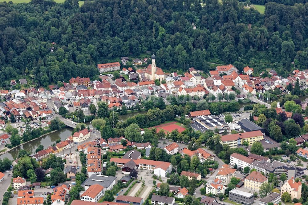 Wolfratshausen from the bird's eye view: City view of Wolfratshausen with Isar bridges in the state Bavaria, Germany