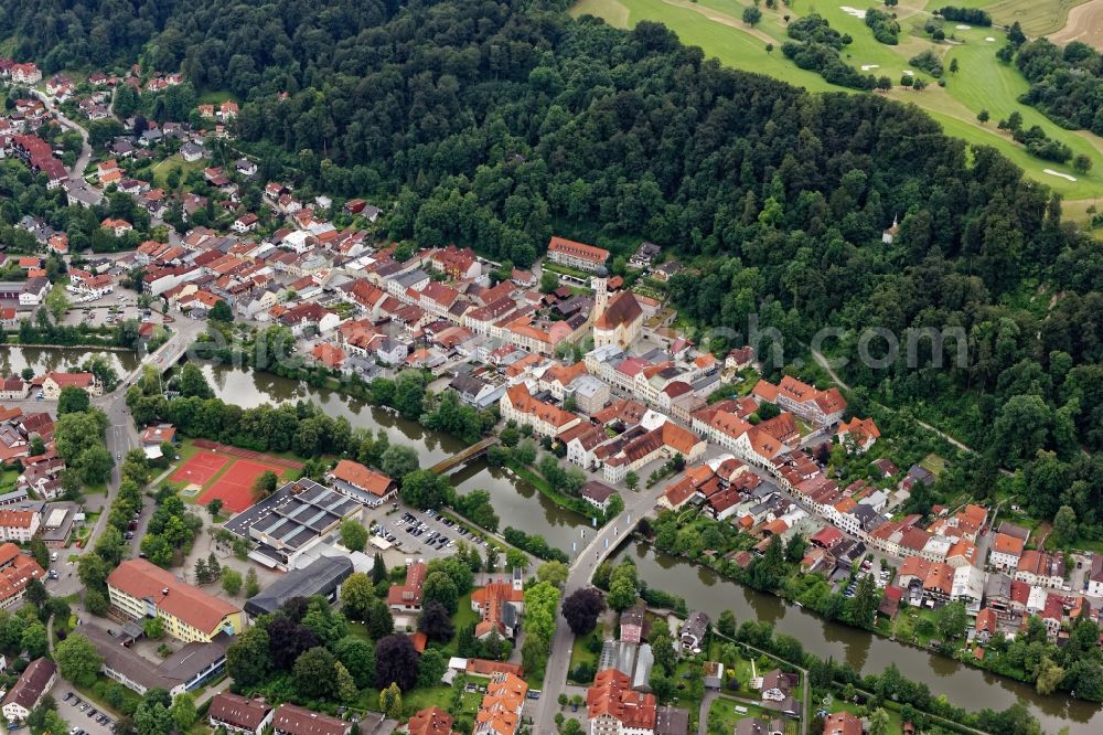 Wolfratshausen from above - City view of Wolfratshausen with Isar bridges in the state Bavaria, Germany