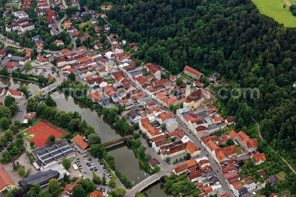 Wolfratshausen from the bird's eye view: City view of Wolfratshausen with Isar bridges in the state Bavaria, Germany