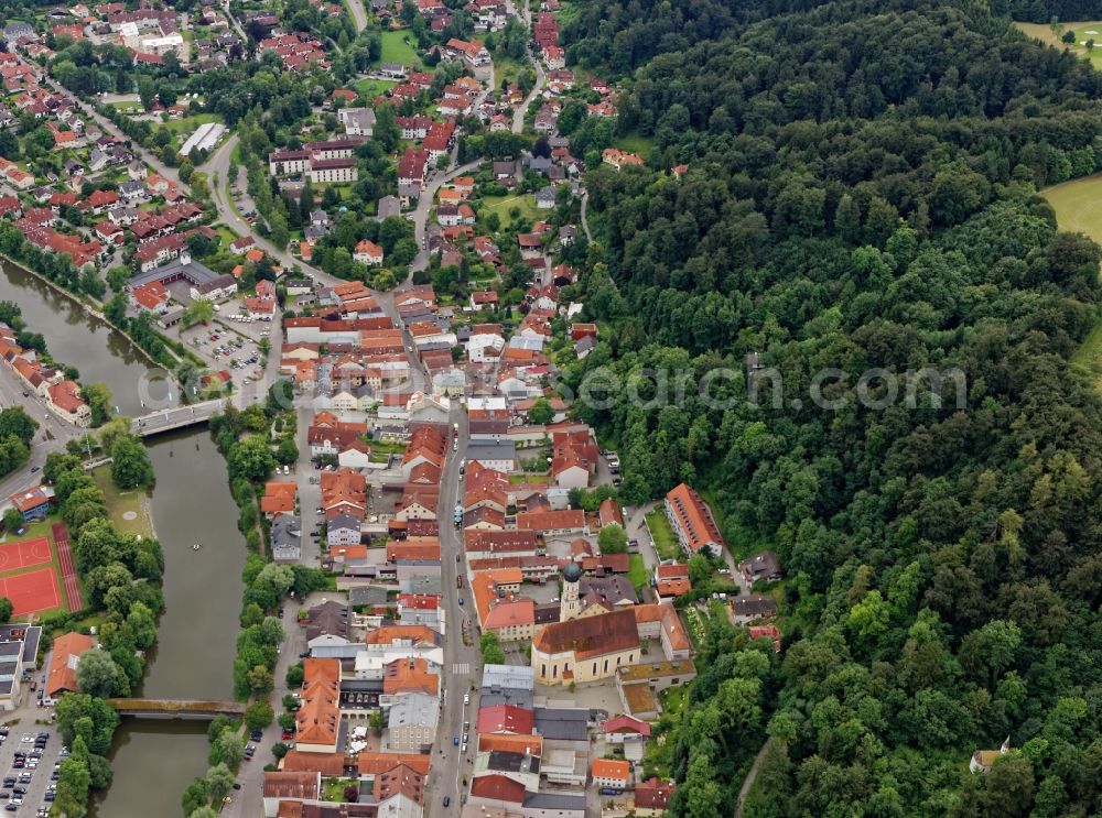 Aerial image Wolfratshausen - City view of Wolfratshausen with Isar bridges in the state Bavaria, Germany