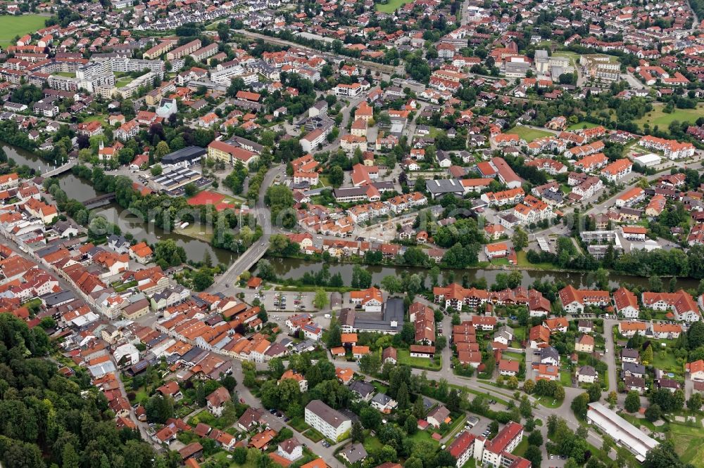 Wolfratshausen from above - City view of Wolfratshausen with Isar bridges in the state Bavaria, Germany