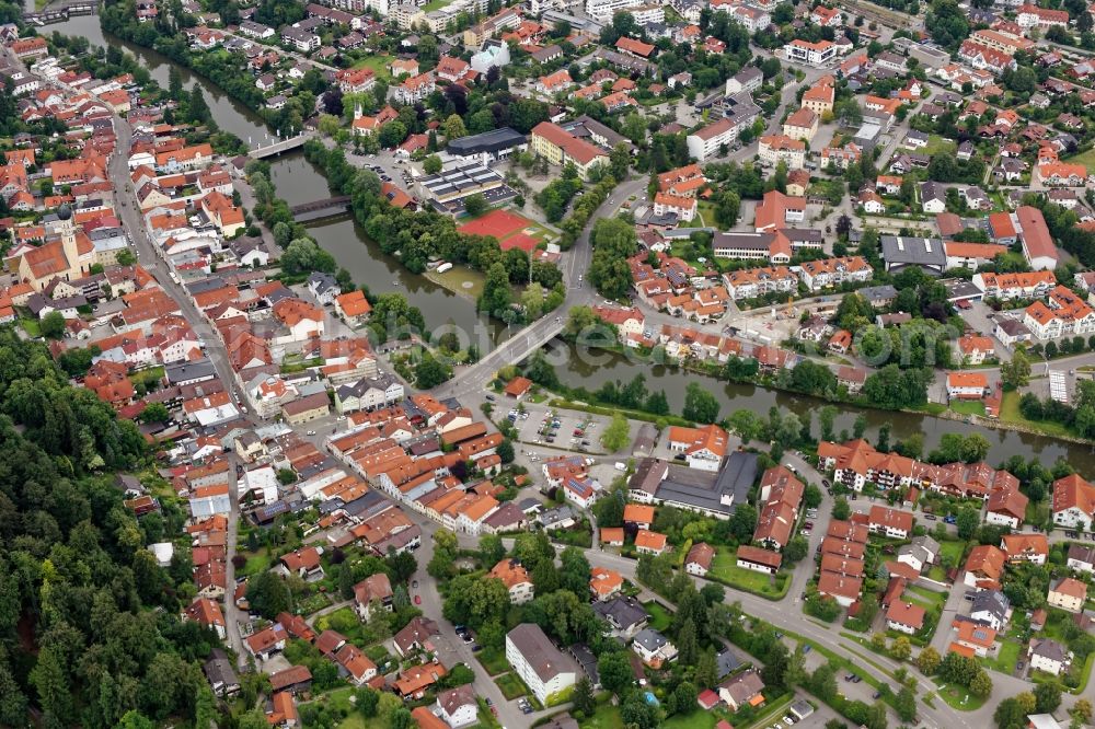 Wolfratshausen from the bird's eye view: City view of Wolfratshausen with Isar bridges in the state Bavaria, Germany