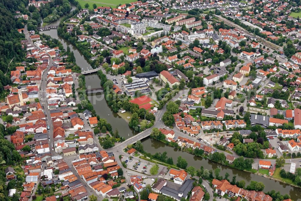 Aerial image Wolfratshausen - City view of Wolfratshausen with Isar bridges in the state Bavaria, Germany