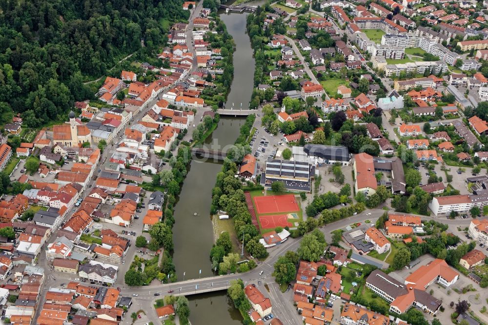 Aerial photograph Wolfratshausen - City view of Wolfratshausen with Isar bridges in the state Bavaria, Germany