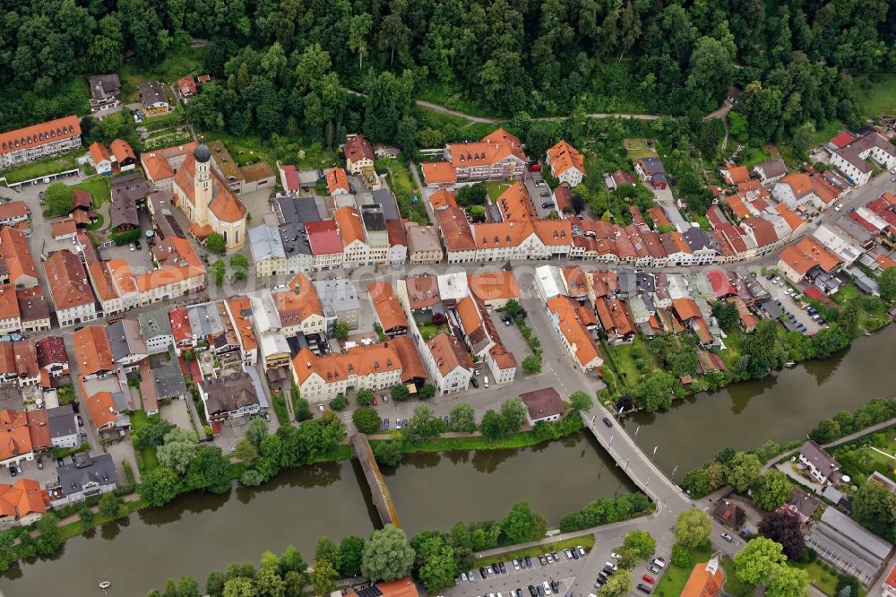 Aerial image Wolfratshausen - City view of Wolfratshausen with Isar bridges in the state Bavaria, Germany