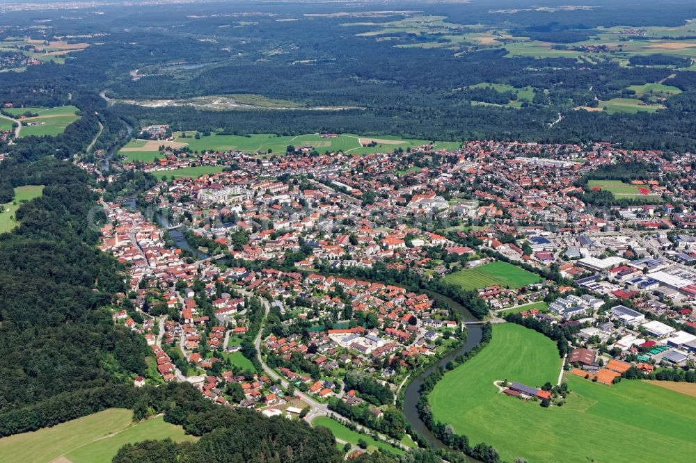 Wolfratshausen from above - City view of Wolfratshausen with Isar bridges in the state Bavaria, Germany