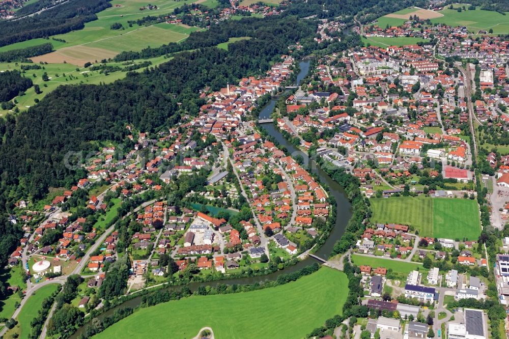 Wolfratshausen from the bird's eye view: City view of Wolfratshausen with Isar bridges in the state Bavaria, Germany