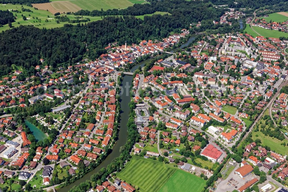 Aerial image Wolfratshausen - City view of Wolfratshausen with Isar bridges in the state Bavaria, Germany